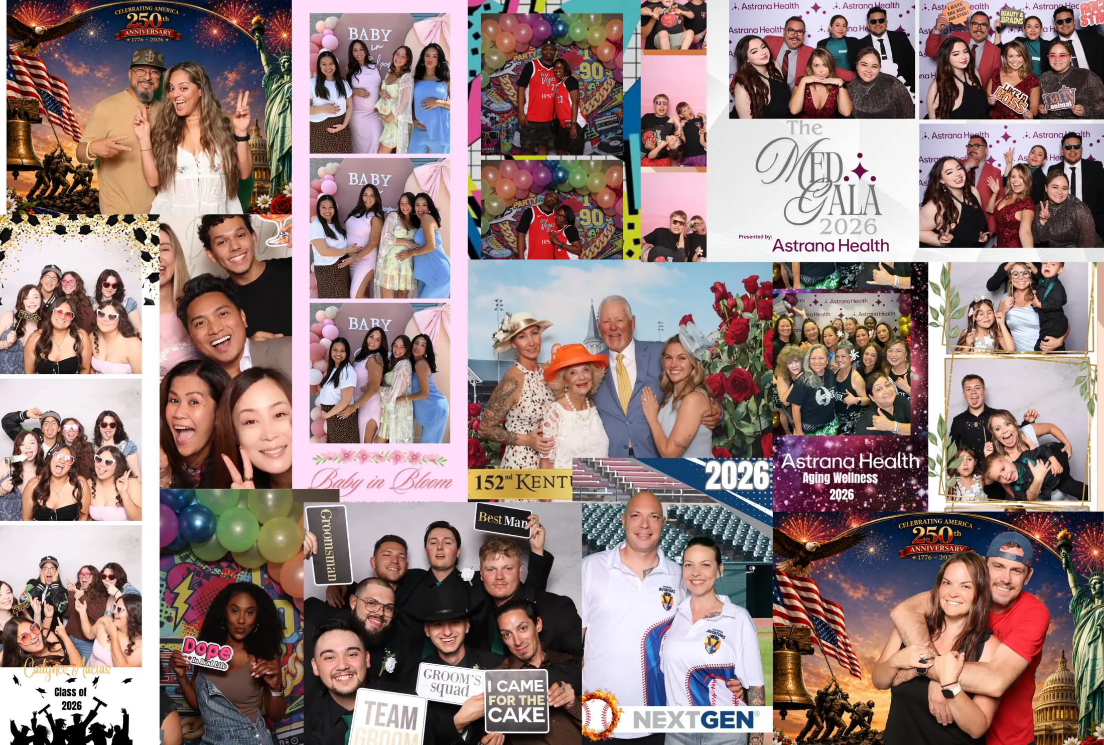 A collage of Pixel Me Perfect photo booth experiences at many celebrations